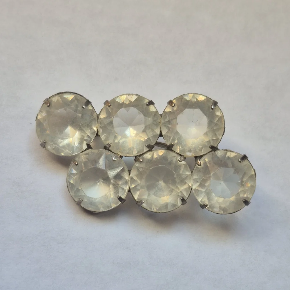 Vintage Clear Rhinestone Brooch Six Stone Cluster Pin Mid Century Silver Tone